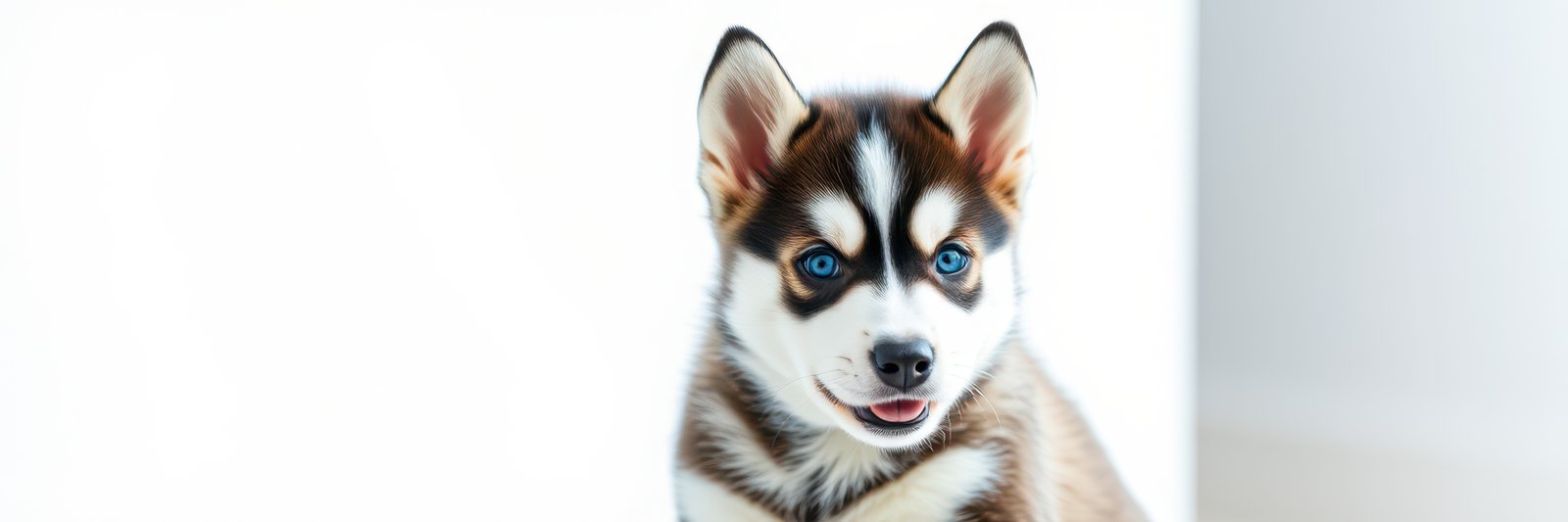 Playful husky puppy with striking blue eyes engaged in a curious expression in a bright indoor setting